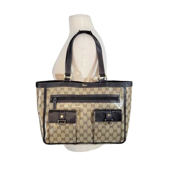 Gucci Abbey Brown & Beige Crystal Wax Canvas Monogram Pocket Tote - Picture 2 of 14